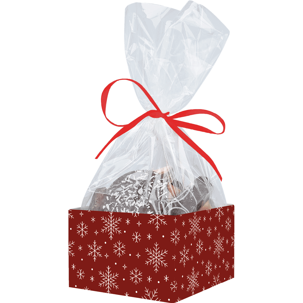 Schoko-Geschenk, Weihnachtsverpackung, Zuckerspapier, Rohrverpackung, rote Schleife