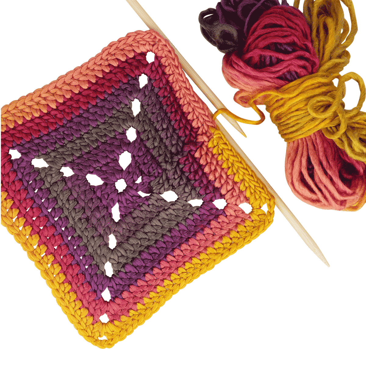 Knittersquare, Häkelquadrat, Mehrfarbig, Wollknäuel, Stricknadeln, Stricktopflappen, Topflappen, Multicolor, Knit-Square, Socken?, Häkelarbeit, Quadrat, Mehrfarbig, Wolle, Stricken