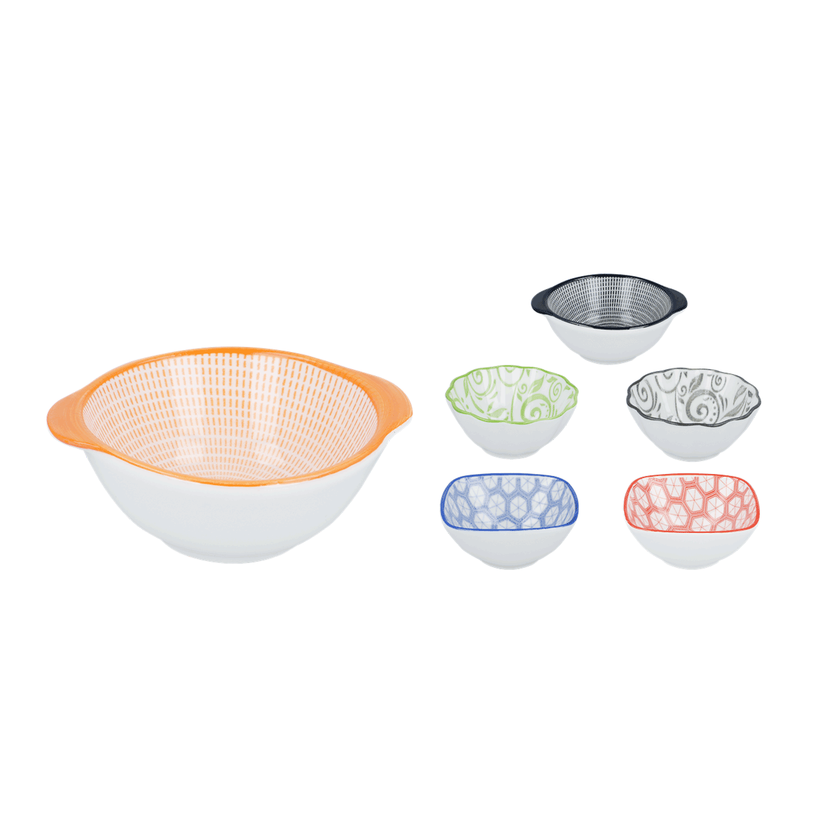Schüssel, Schüsselchen, Salatschüssel, Frischebehälter-Set, Kompaktes Servierset, Schüssel, Sieb, Korb?, Bowl?, Frucht?, Colander, Sieb, Schüssel-Set, Mustermuster, bunter Innenraum