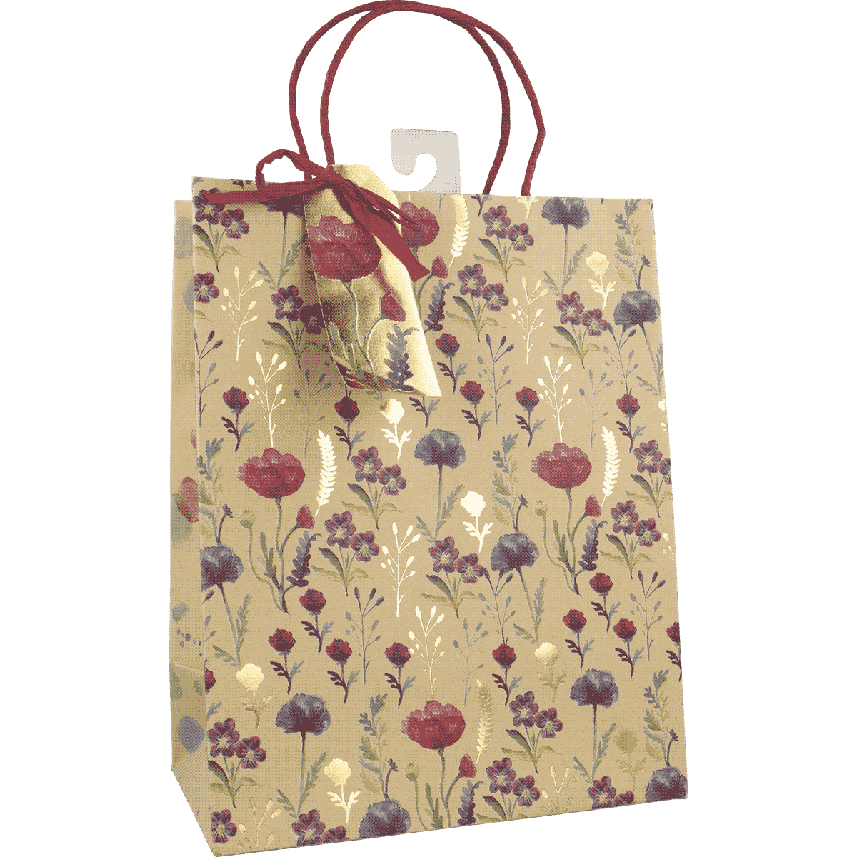 Geschenktüte, Papier, Blumenmuster, Beige, Kordelhenkel