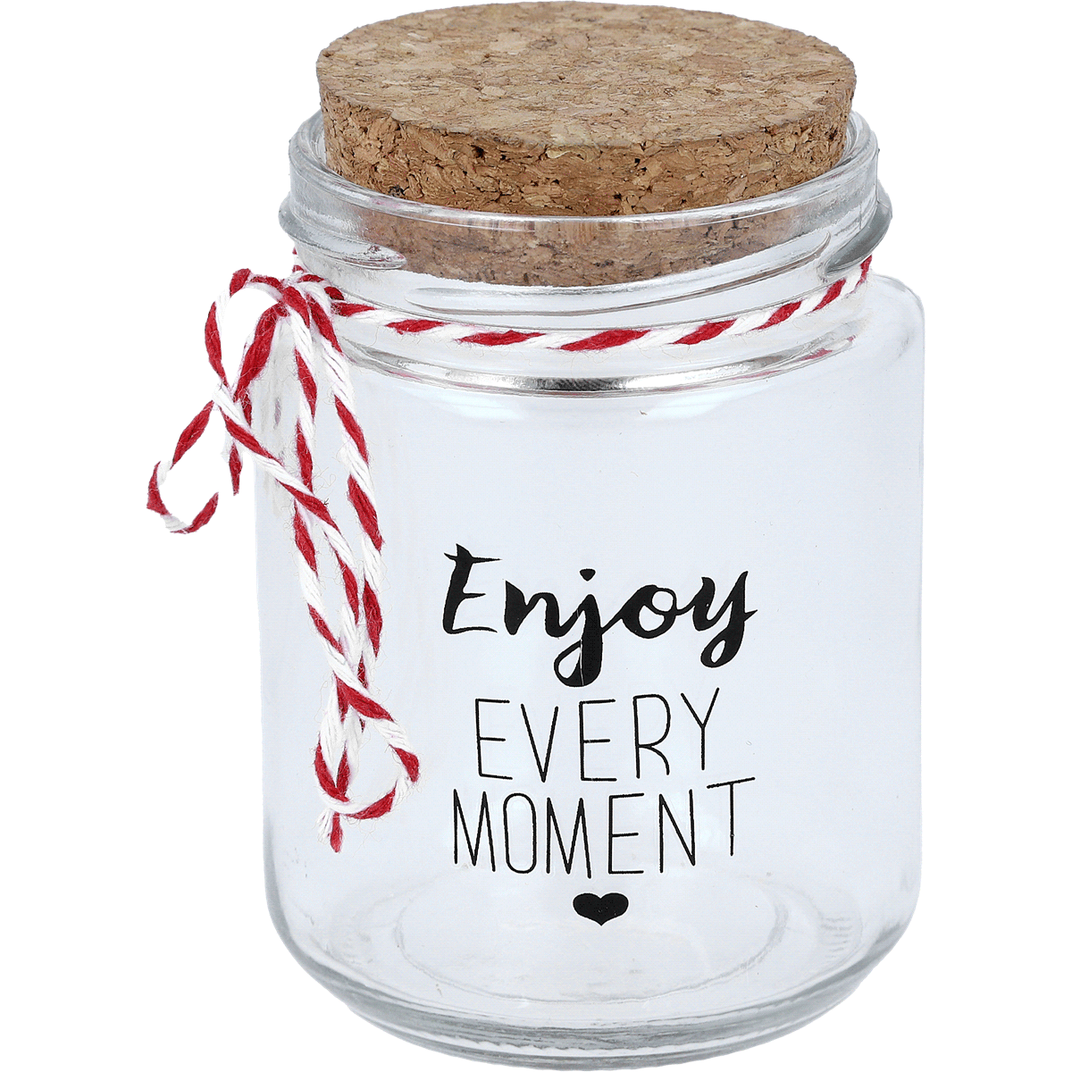 glasgefäß, gläserner jar, Korkdeckel, Aufschrift: Enjoy Every Moment, rot-weiße Schnur