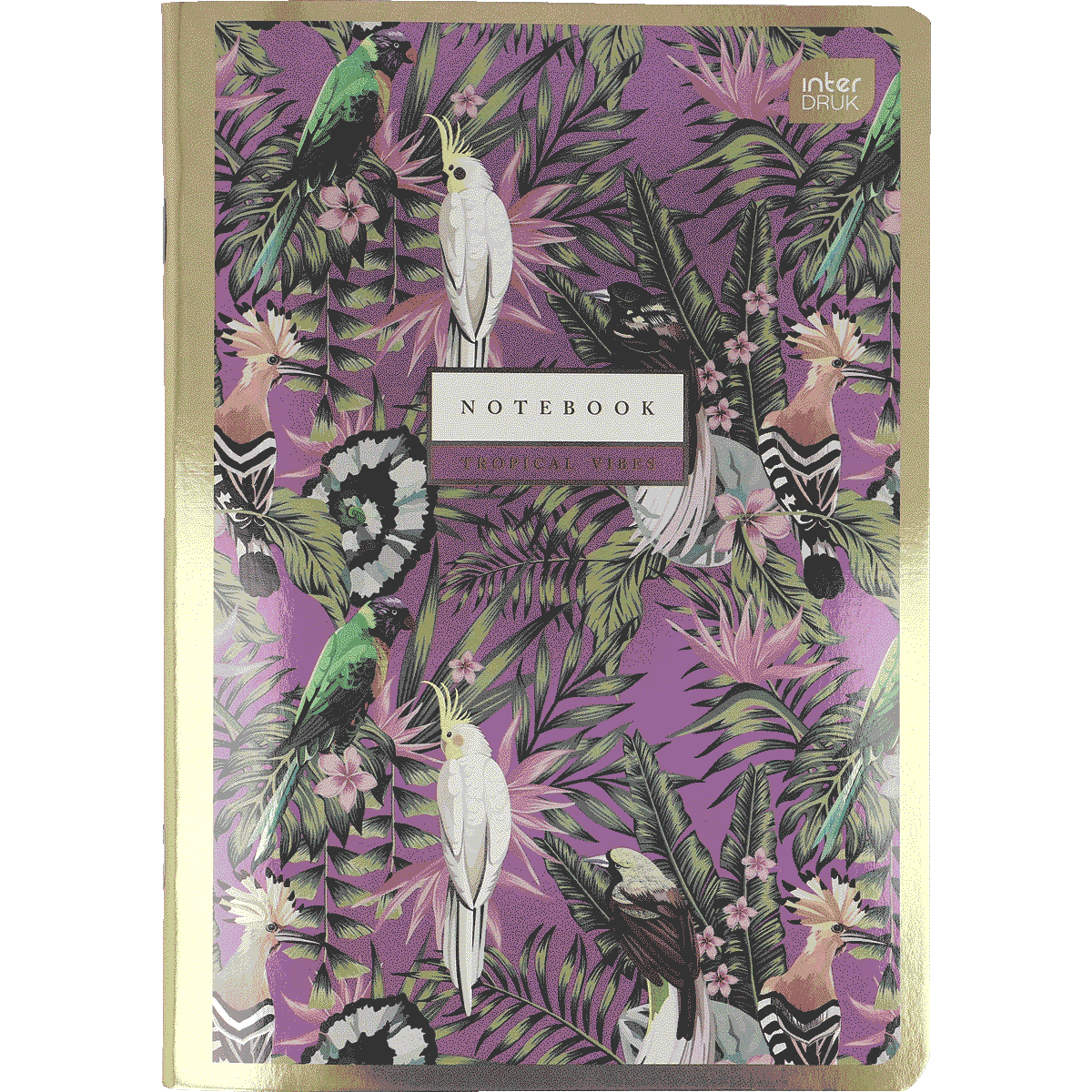 Notebook, Tropisch, Muster, Gold, A5, Notizbuch, Notebook, Tropische Vibes, Mustergarten, Lederoptik, Notebook, Tropical, Vibes, Papageien-Muster, Goldrand