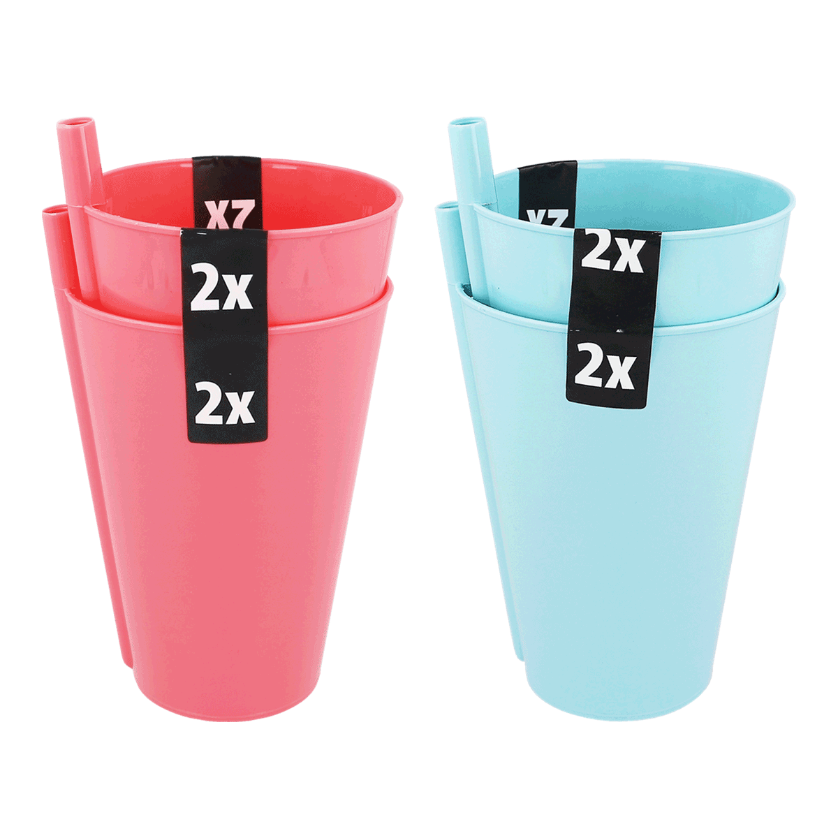 Becher, Kunststoff, Pink, Blau, 2x-Pack, Becher, Stoffbecher, Kunststoff, rosa, blau, Becher, Trinkbecher, Strohhalm, 2 Stück, Mehrfarbig