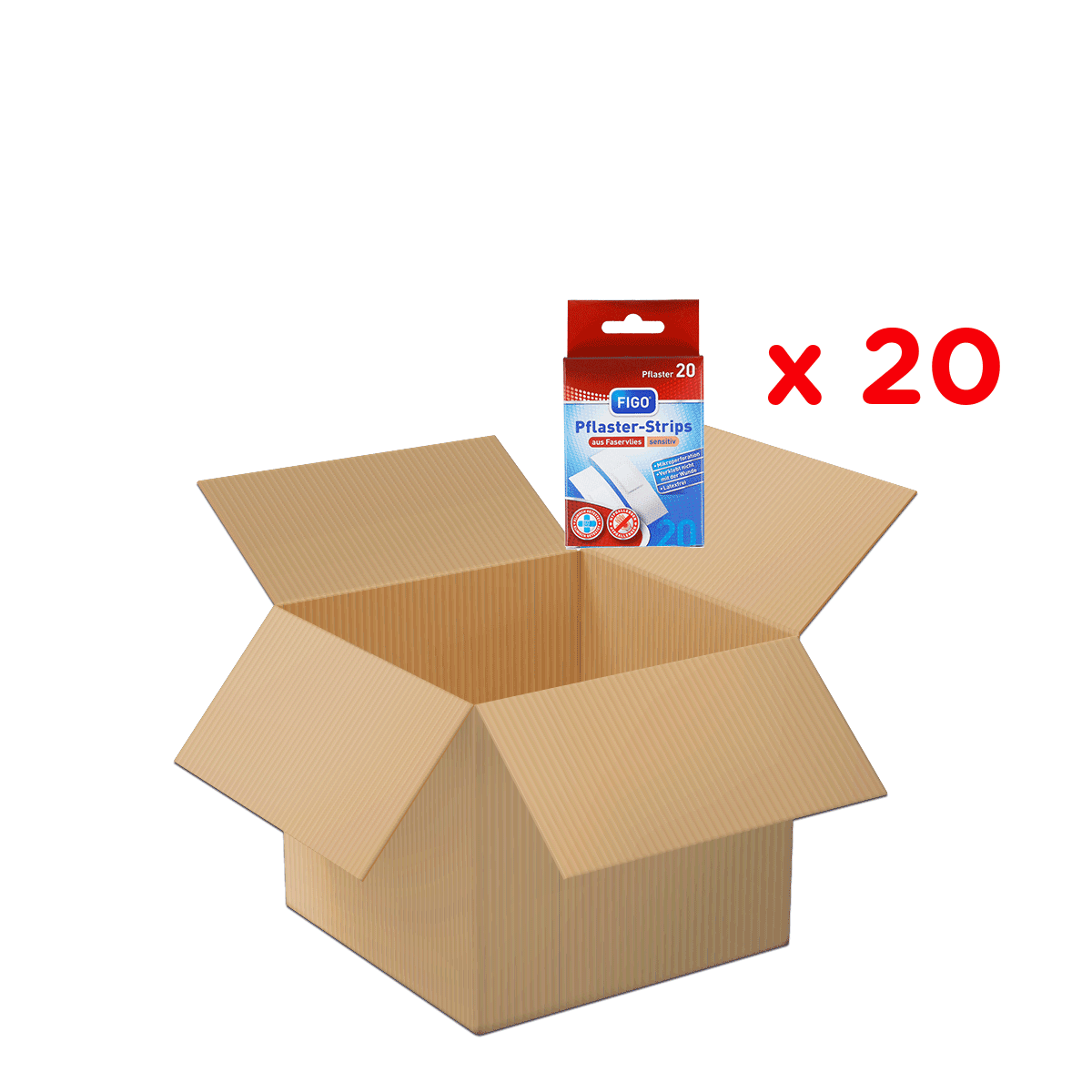 Karton, offener Karton, Verpackungsbox, Kartonage, Verpackungskarton, Pflaster, Pflasterstreifen, Schachtel, Paket, 20 Stück, Pflasterstreifen, Medizinisches Zubehör, Kartonbox, Verpackung, Großpackung