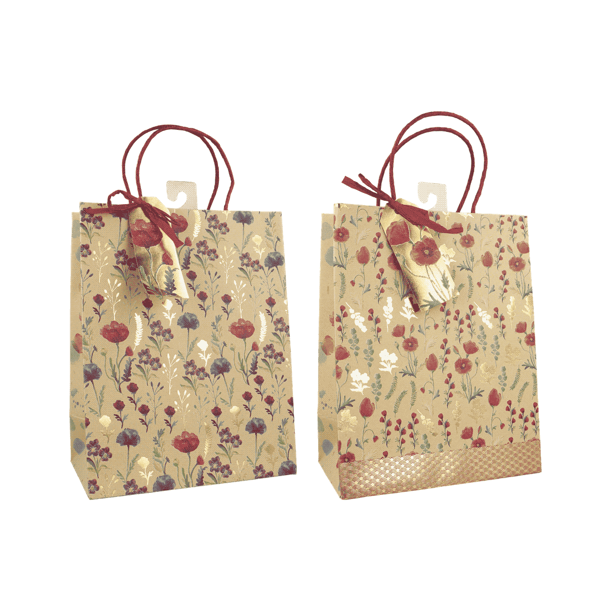 Geschenktüte, Papier, Blumenmuster, Griffkordel, Beige