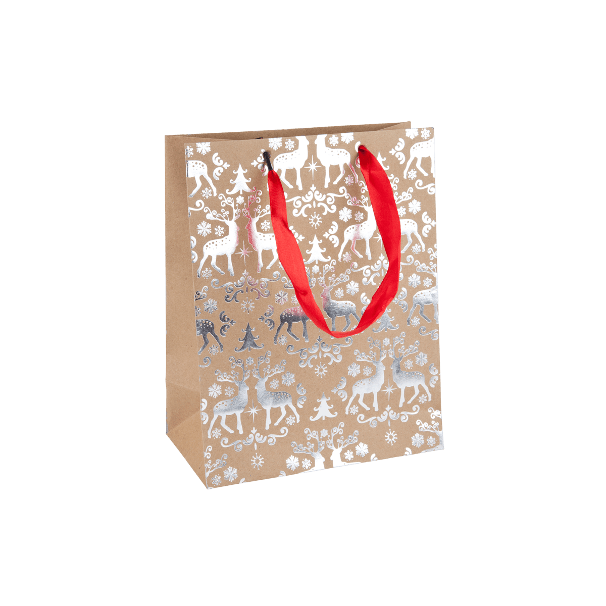 Geschenktüte, Papiertragetasche, rote Griffe, Rentiermuster, Feiertags