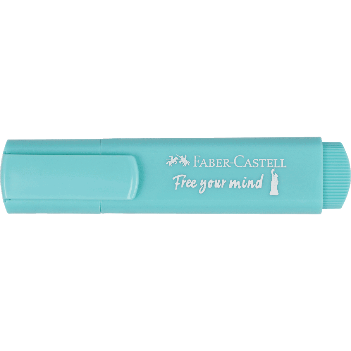 Klebestift, Korrekturstift, Türkis, Faber-Castell, Gummi-/Kappe, Text-stamped-stylus, highlighter, cyan pastel, Faber-Castell, branding, Highlighter, Marker, Pastelblau, Faber-Castell, Kappe mit Drehmechanismus