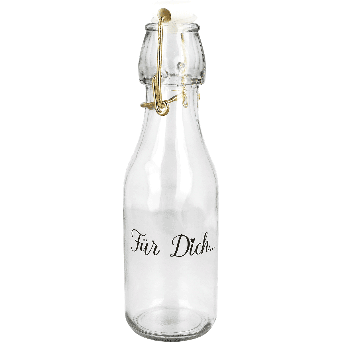 Glasflasche, Bügelverschluss, Korken, transparentes Glas, Schriftzug