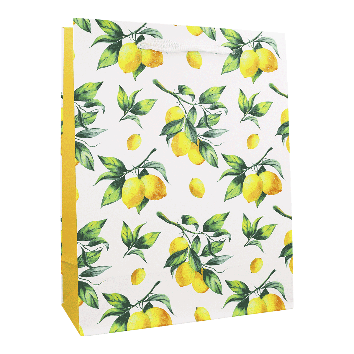 Lemon pattern, Lemon gift bag, Paper bag, Fruit design, Yellow, Geschenkverpackung, Papierintarsie, Zitrusmotiv, Zitronendesign, Blättermuster, Paket, Geschenkverpackung, Zitrusmotiv, Zitrone, Blätter