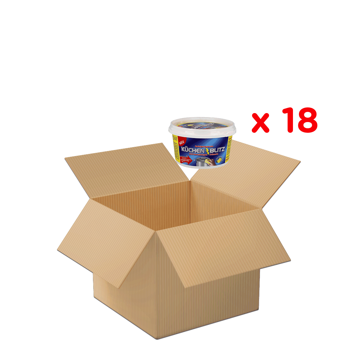 Kartonbox, Offene Schachtel, Kartonverpackung, Deckel geschlossen, Tonka 18x, Kartonschachtel, Offenes Kartonpaket, Container, Aufbewahrung, Kartonverpackung, Kartonkiste, offenes Kartonpaket, Küchenreiniger, Fassungsgröße 18x, Küchen-Blitz Produkt