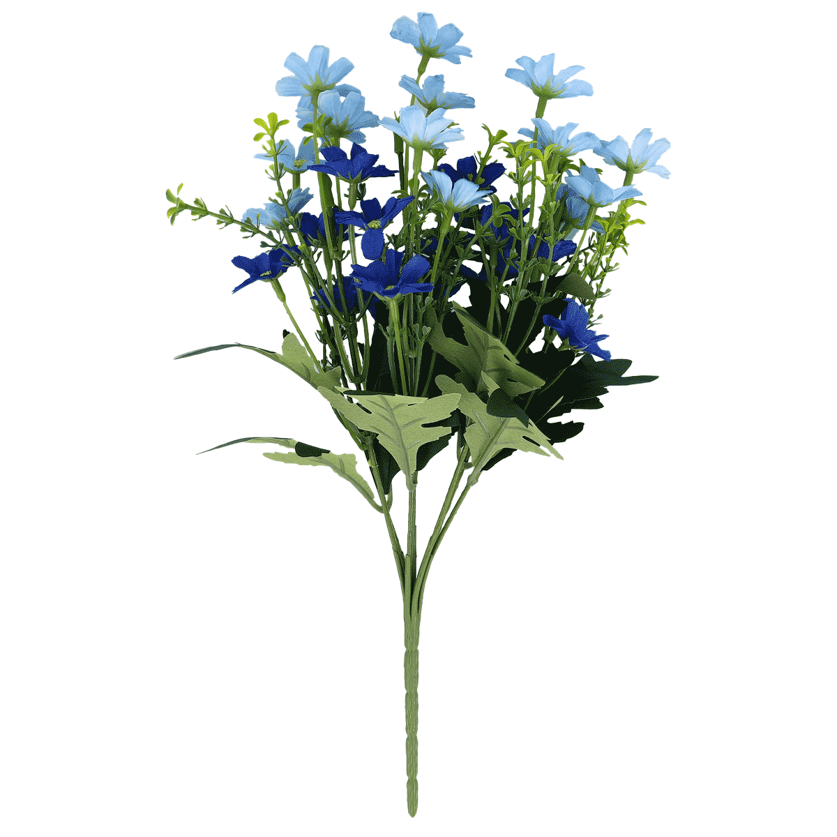 Kunstblumen, Blumenstrauß, blaue Blüten, Kunststoff, grüne Blätter