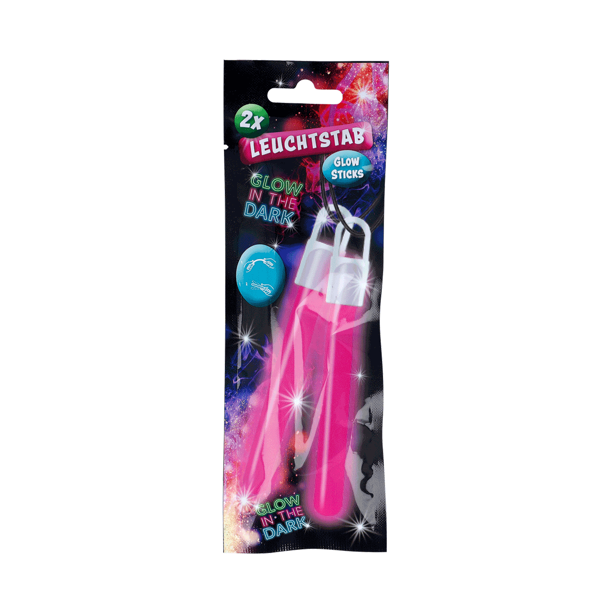 Leuchtstab, Glow Sticks, Nachtleuchtend, 2er Set, Pink, Glow-Sticks, Pink glow, Neon, Verschluss/Lock, Partyzubehör, Gummipfeife, Leuchtstab, Nachtleuchtend, Stab mit Clip, Glow Sticks