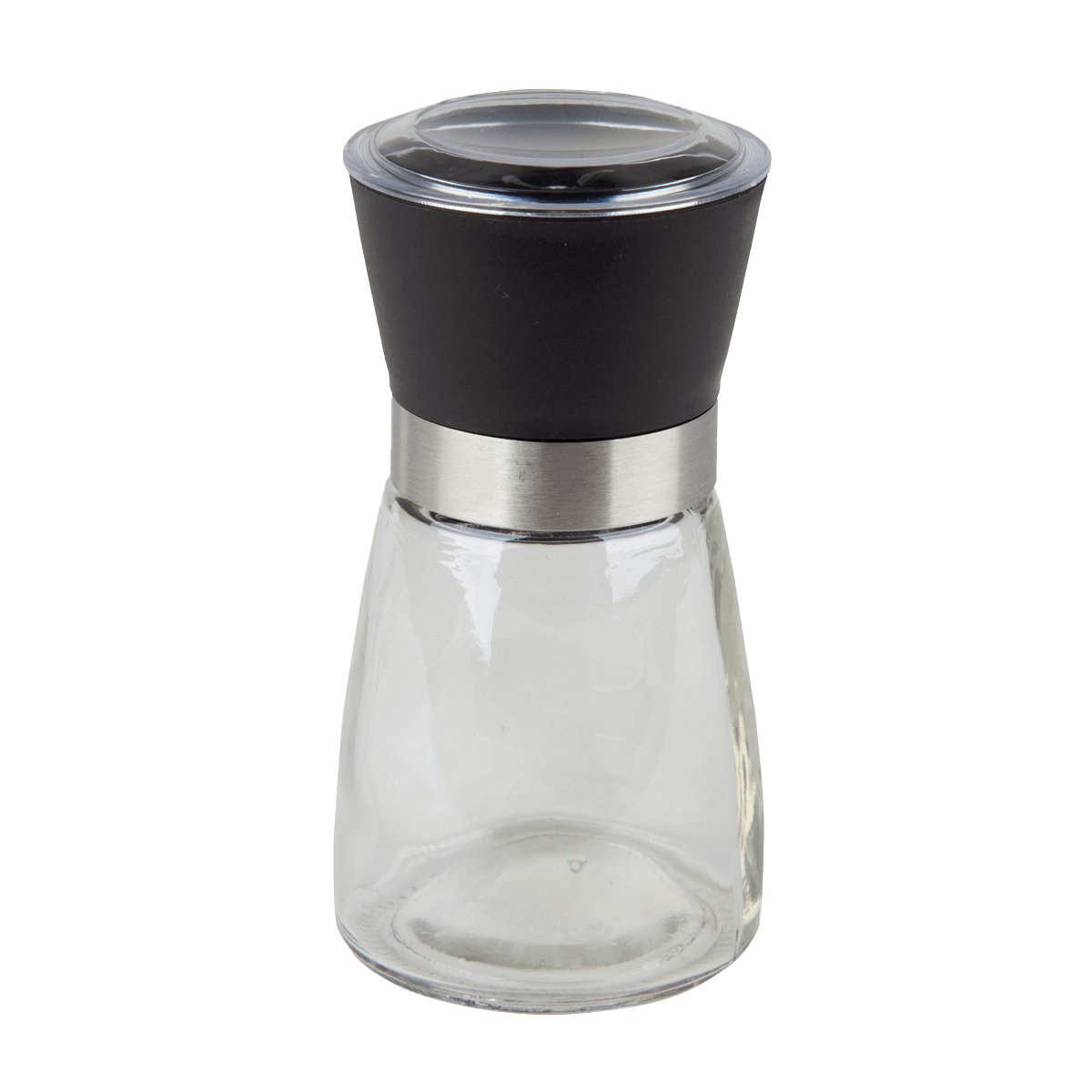 Glasflasche, Kaffeemühle, Satzöffner, Küchenzubehör, Wasserflasche, Glas, Gewürzmühle, Schwarzes Top-Top, Silberner Metallring, Deckel aus Kunststoff, Salzstreuer, Salz-Behälter, Glas, Schwarz Deckel, Knickiges Design