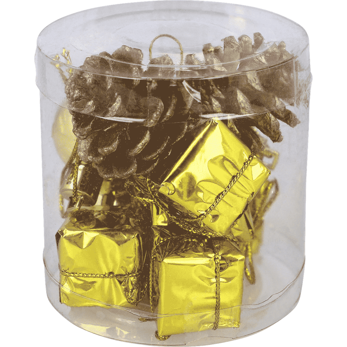 Weihnachtsdeko, Goldene Geschenke, Kiefernzweige, Kugelzweige, Geschenkboxen