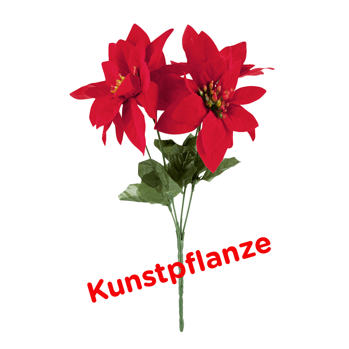 künstliche poinsettie, kunstpflanze, roter blütenstamm, grüne blätter, blumengesteck