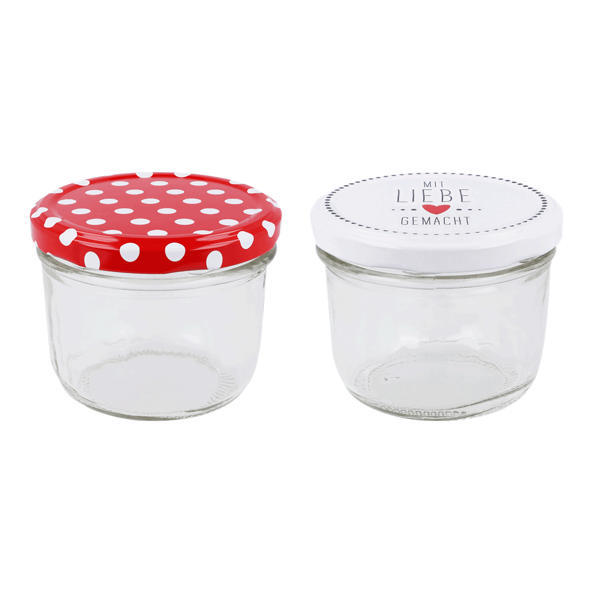 Gläser, Marmeladenglas, Einmachglas, Glasbehälter, Deckel-Set, Glas Jar, Mini Gläser, Einmachglas, Mason Jar, Deckelverschluss, glasgefäß, Deckel aus Metall, rot mit Punkte Deckel, weißer Deckel, niedliche Gläser