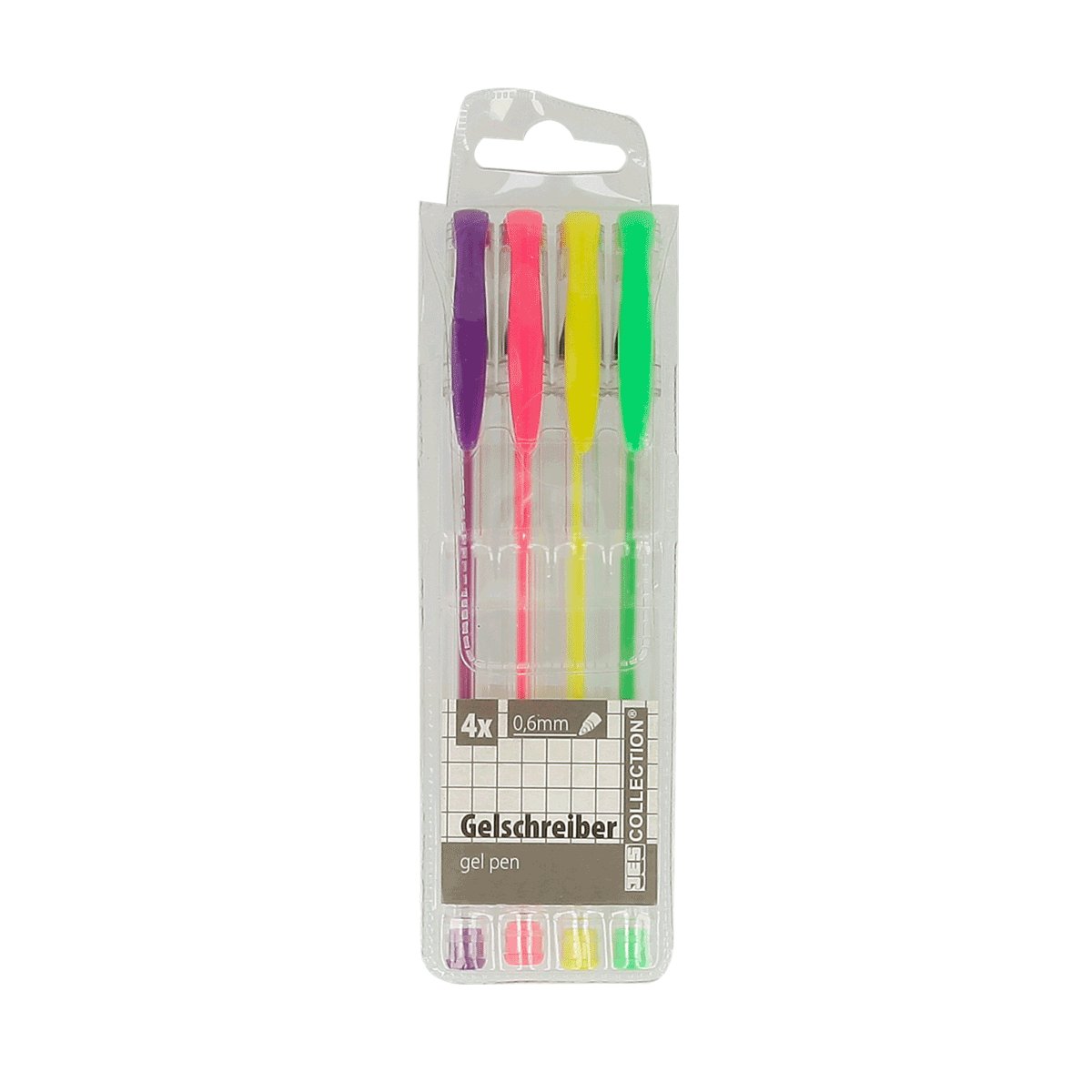 Flasche, Gelschreiber, Neonfarben, 4er Pack, 0,6mm, Verpackung, Gelschreiber, Gelpen, 4er-Set, Transparente Verpackung, neonfarben