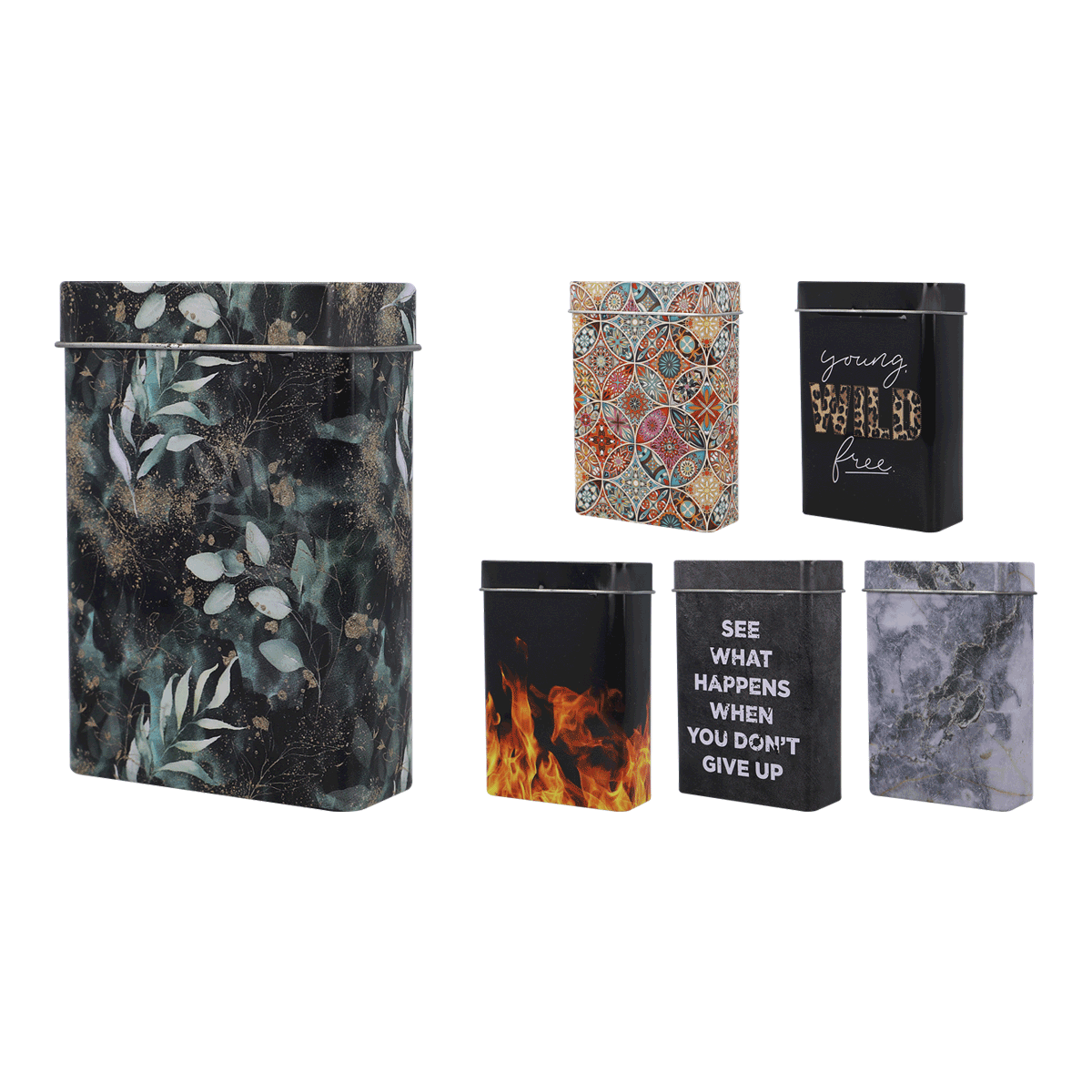 Aufbewahrungsbox, Metallbox, Muster: Flora, Schwarz, Deckelverschluss, Aufbewahrungdosen, Metalldose, Dekodose, Musterdose, Zitatdose, Aufbewahrungsbox, Metallbox, Muster, Flammenmotiv, Kunststofftasche