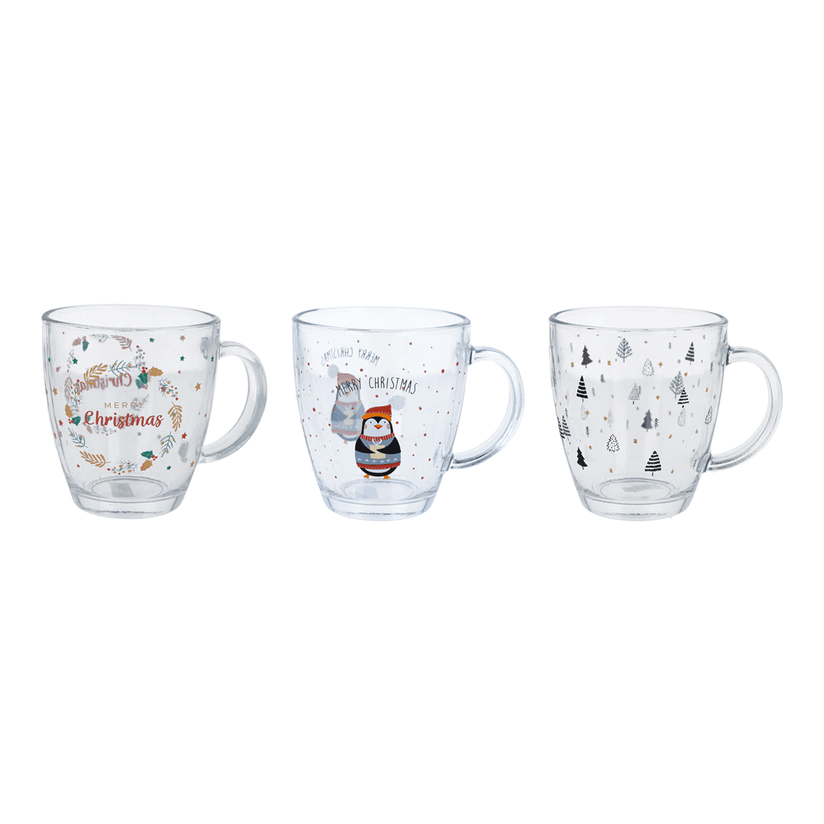 glasbecher, weihnachtsmuster, transparent, porzellan, 3er-set