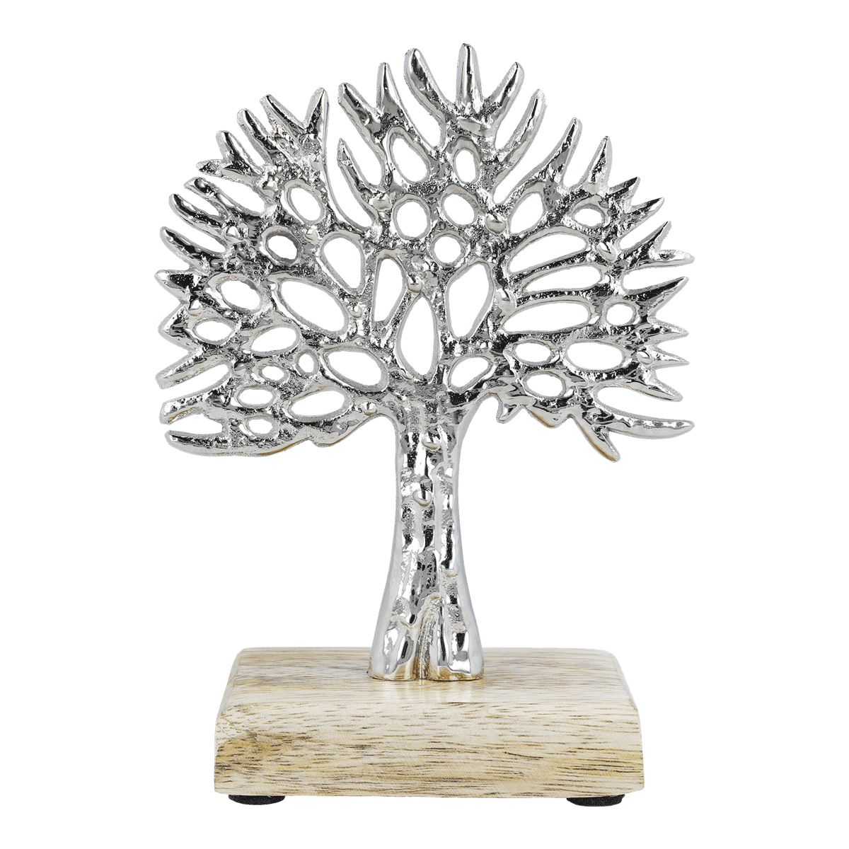 silberner baum, statue, holzsockel, dekofigur, löcheriges muster