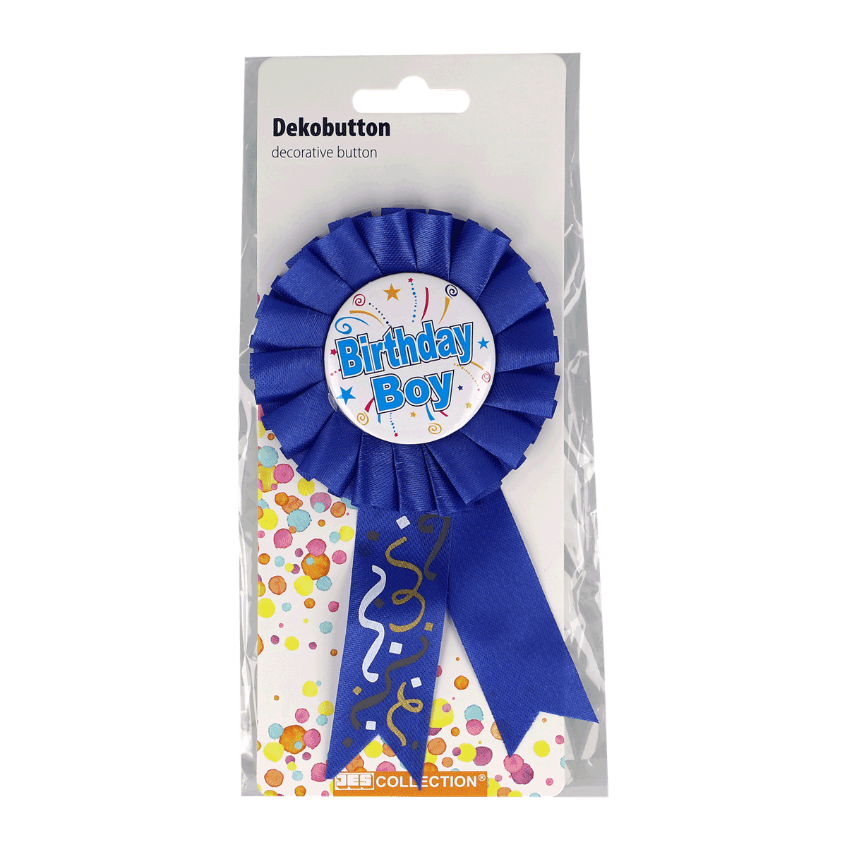 Geburtstag, Schleife, Rosette, Blau, Dekorknopf, Birthday button, Blue rosette, Ribbon, Dekoration, Partyzubehör, Birthday-Abzeichen, blaues Ribbon, Dekorationsknopf, Rosette, Party-Zubehör