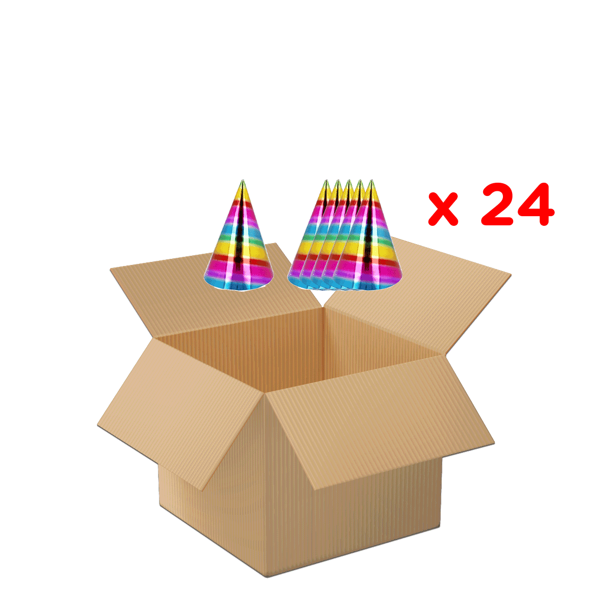 kartonbox, offenes paket, partyhüte, konfetti-hüte, bunt konische hütchen,  party hats,  bunte konische hutchen,  geschenkbox,  28 partytüten?,  verpacktes set, party, confetti, cone, hats, box x24