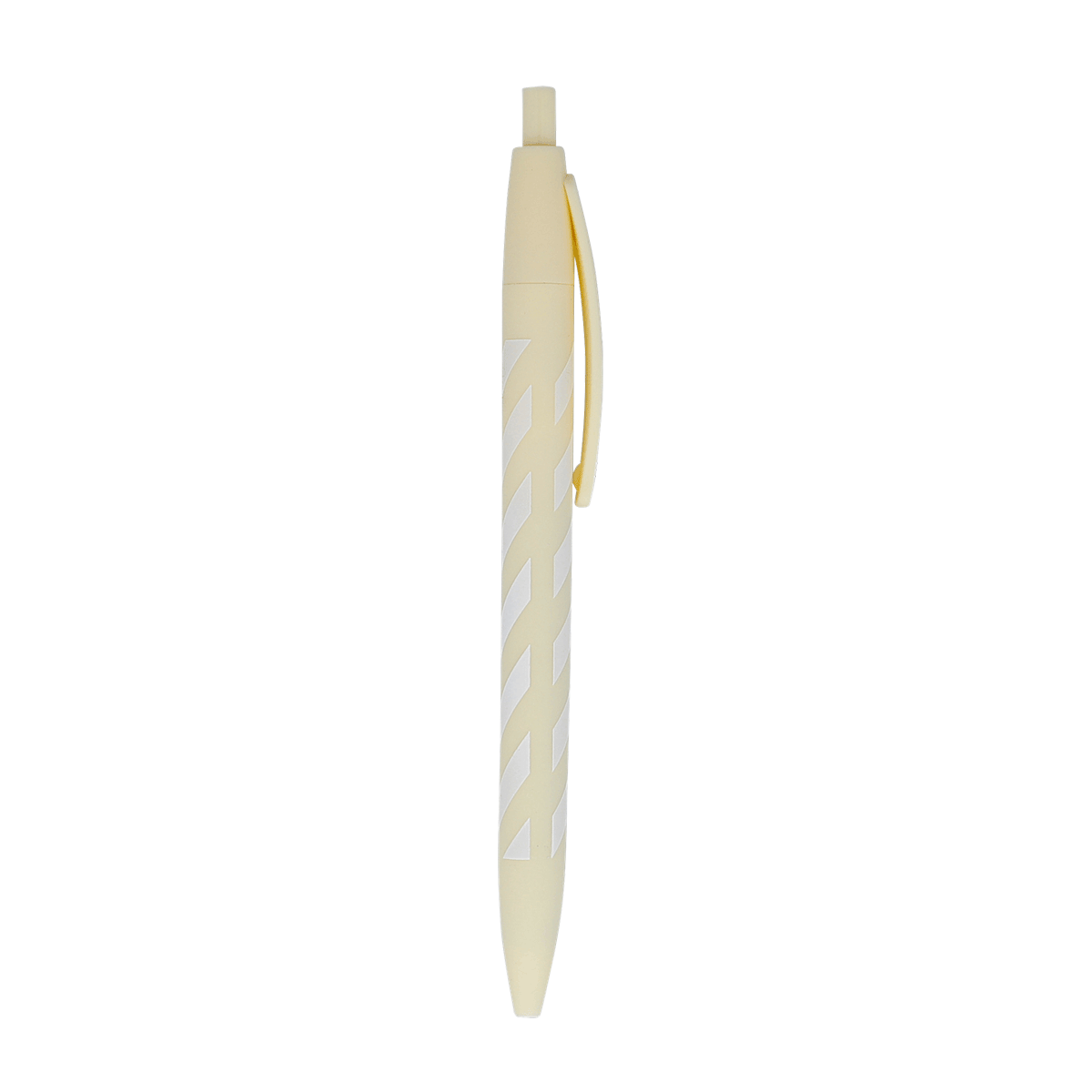 Kugelschreiber, cremefarbe, gedrehte Optik, Klemmclip, ausziehbar, Kugelschreiber, Kugelschreiber mit Muster, Schreibgerät, Gelb-weißes Muster, Clippen?, Kugelschreiber, Kunststoff, Gelb, Mustertakt, Clipper