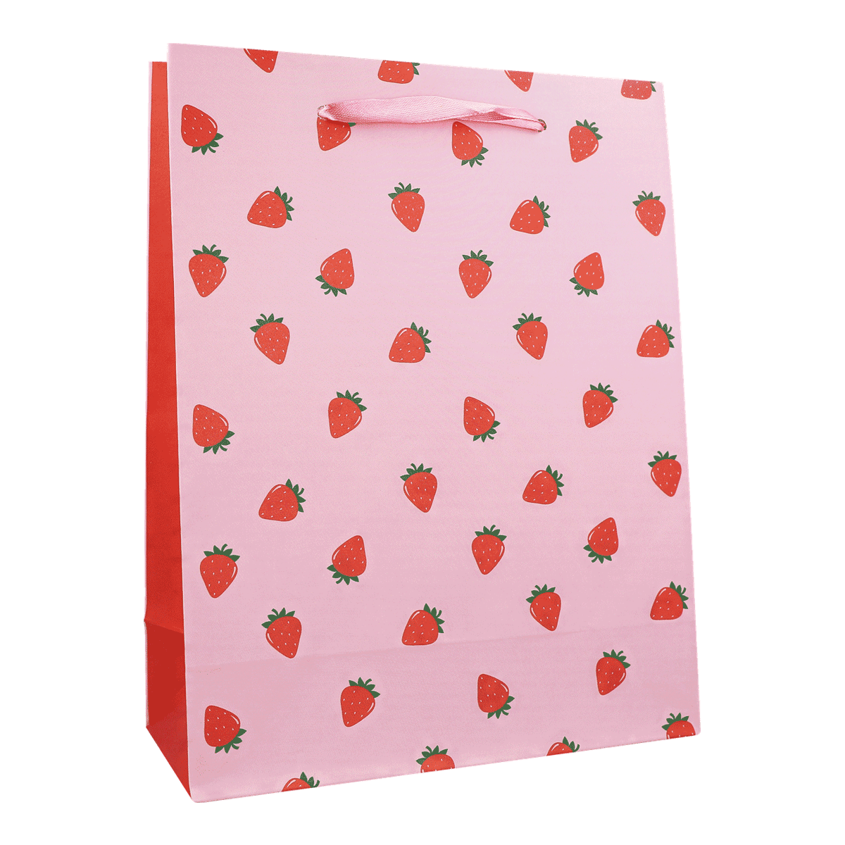 Geschenktüte, Papier, rosa, Erdbeeren, Muster, Strawberry Muster, Geschenktüte, Rote Tasche, Rote Griffe, Gemustertes Papierbeutel, Geschenkverpackung, Geschenkpapier, Papiertüte, Streifendesign, Erdbeeren Muster