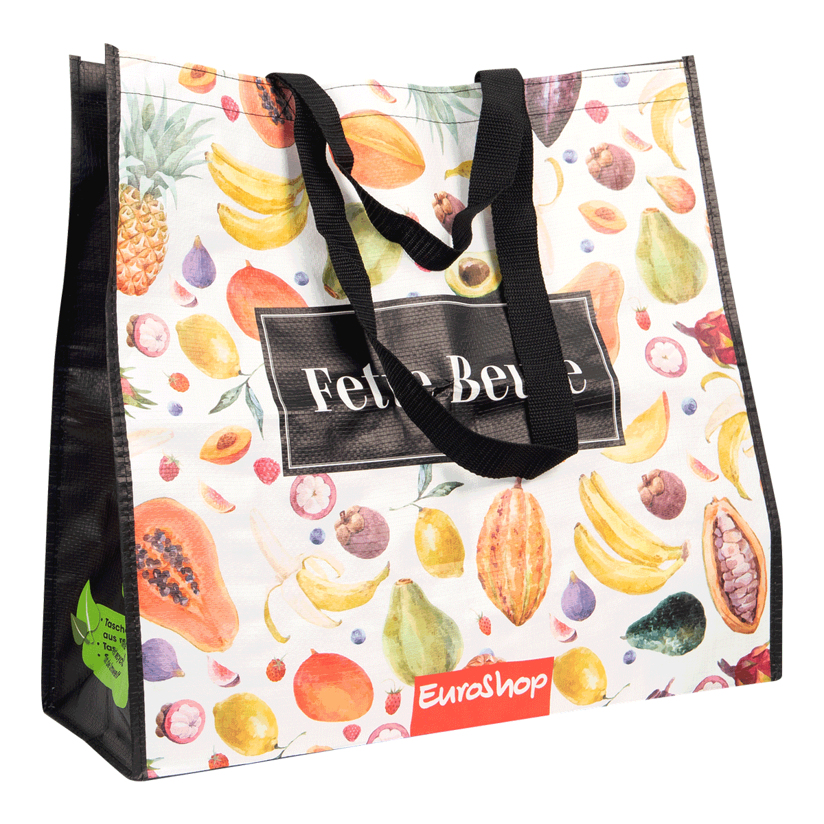 Tasche, Fruchtmuster, Tragegriff, EuroShop, Makro-Label,  Einkaufstasche,  Stofftasche,  Obstmotive Tasche,  Fruit print bag,  EuroShop, Taschenbeutel, Früchte Muster, Wiederverwendbare Tasche, schwarze Griffe, EuroShop