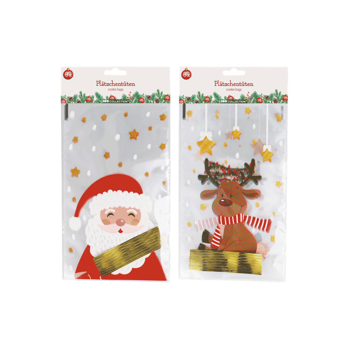 Weihnachtsbeutel, Plätzchentüten, Santa, Rentier, Goldfolie