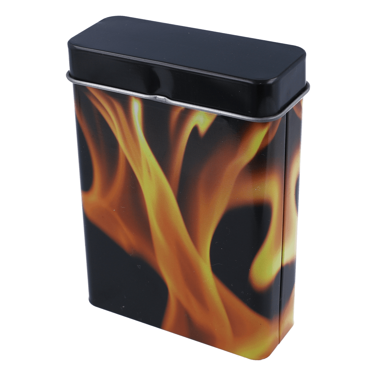 Feuer, Flammen, Metalldose, Dosenbehälter, Branding frei, Blechdose, Flammenmuster, Feuer-Design, Metallbox, kleine Vorratsdose, Metallblechdose, Flammenmuster, rechteckige Dose, Aufbewahrungsdose, schiefer Deckel