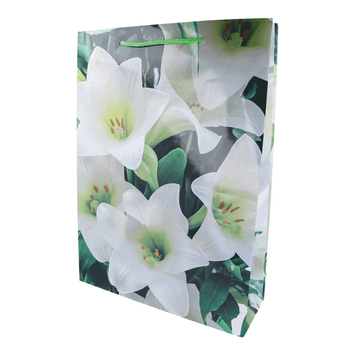 Geschenktüte, Weißer Liliendruck, Blumenmotiv, Tragetasche, Grüne Griffe, Blumen-Tasche, Giftbag, Papier-Sack, weiße Blüten, Florale Tasche, Blumenmuster, Tasche, Geschenktüte, White flowers, Blüten