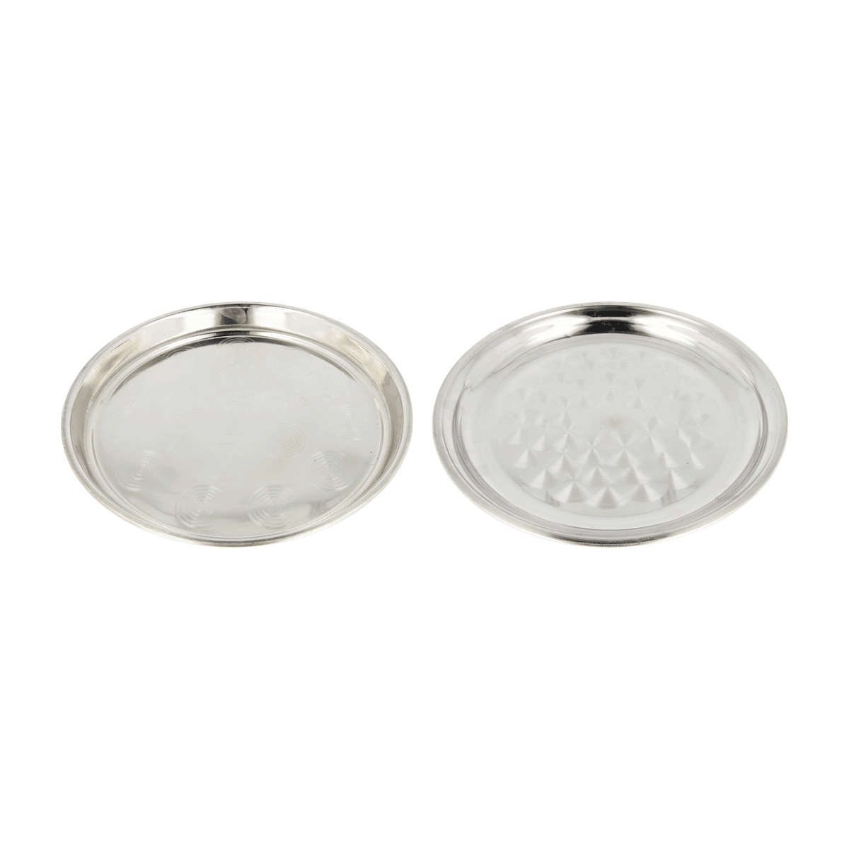 Tafelgeschirr, Ablagen, Metall, Silber, Satz aus zwei, Teller, Silber, Edelstahl, rund, Muster, silberner Deckel, Metalldeckel, runder Deckel, gestempeltes Muster, Schmuckdeckel