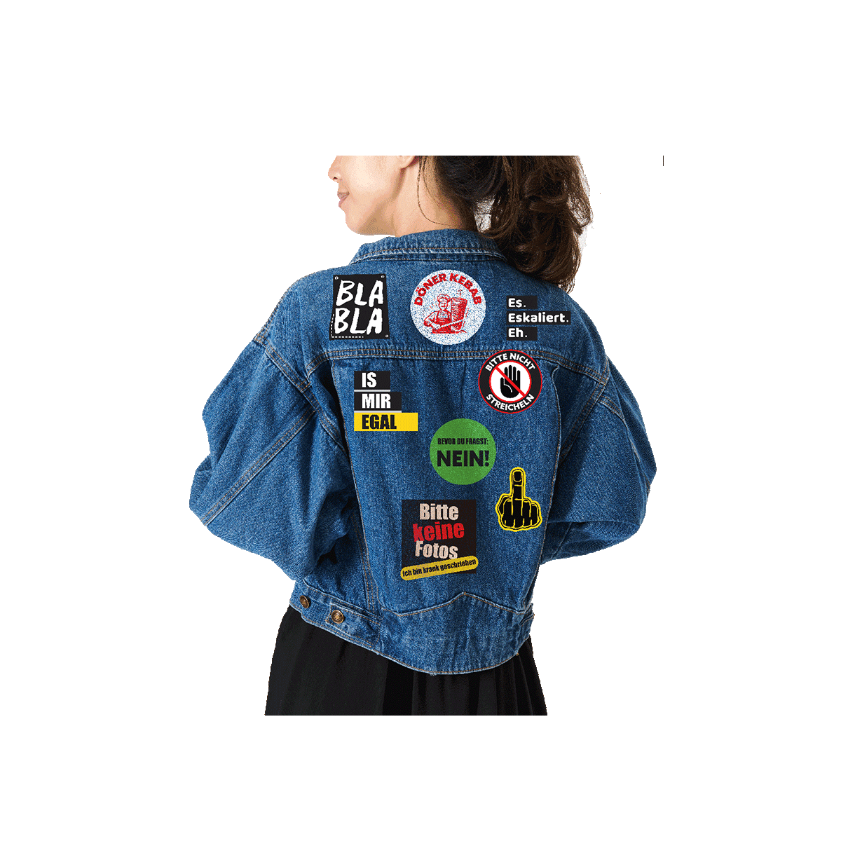 Denim Jacke, Patch-Sticker, Bedruckte Rückseite, Jeansjacke, Sticker-Decke, Denimjacke, Aufnäher, Jeansjacke, Rückseite, Grafische Aufnäher, Denimjacke, Jakjepatches, Patchaufnäher, Jeansjacke, Streetwear