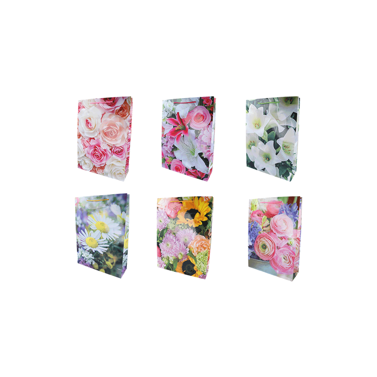 blumenmuster, geschenktüte, tragetasche, rose, bunt, Blumenmuster, Blumenbeutel, Jutebeutel, Regenbogenfarben, Kollektion Blumen, Blumenmotiv, Tasche, Korbgewebe, Rosenmuster, Floral-Design