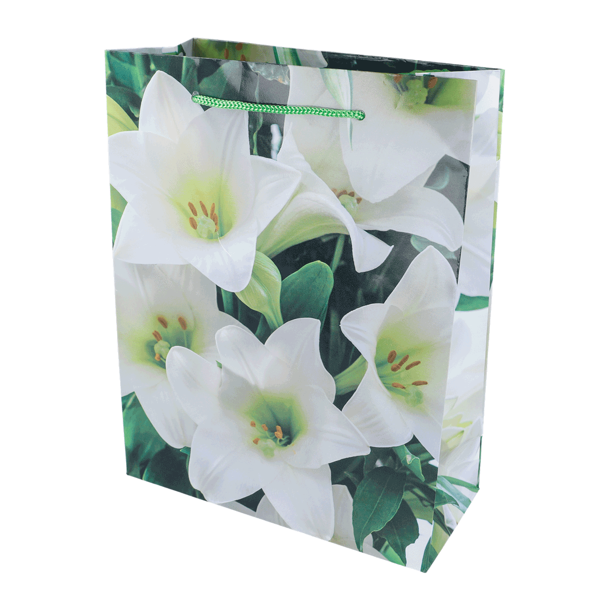 Geschenktüte, Blumenmotiv, weiße Blüten, Papierbeutel, Grün-weiß, Geschenktasche, Blumenmuster, Weiß, Papiertragetasche, Grünes Blätterdesign, Geschenktüte, Blumenmuster, Weiß, Glänzend, Pakettasche