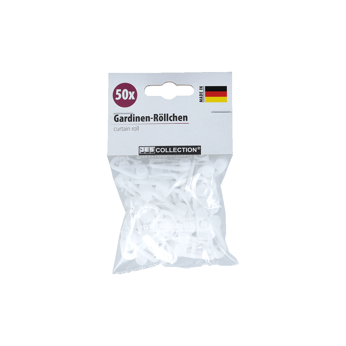 Gardinenhalter, Röllchen, Gardinen-Clip, Curtain-rod, 50er-Pack,  curtain rod clips, weiße Clips, Kunststoffhalter, 50x, Made in Germany, Gardinen-Röllchen, Curtain roll, 50x, Kunststoff, Weiß