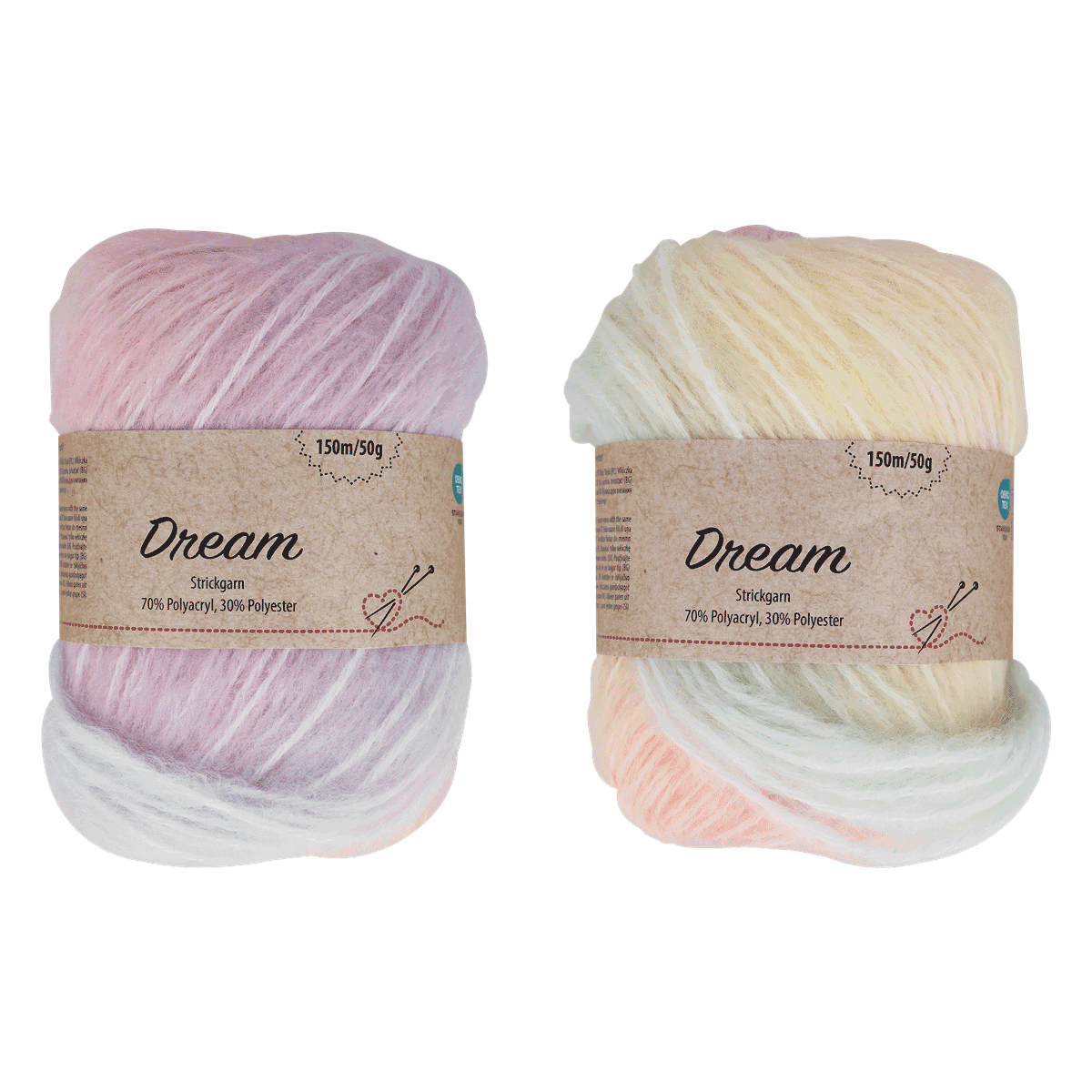 Strickgarn, Rosa, Gelb, Mehrfarbig, 150m/50g, Strickgarn, Doppelpack, Pastell, 70/30 Polyacryl-Polyester, Samtig weich, Sockenwolle, Pastell, Dream Etikett, 150m/50g, Mehrfachsortiert