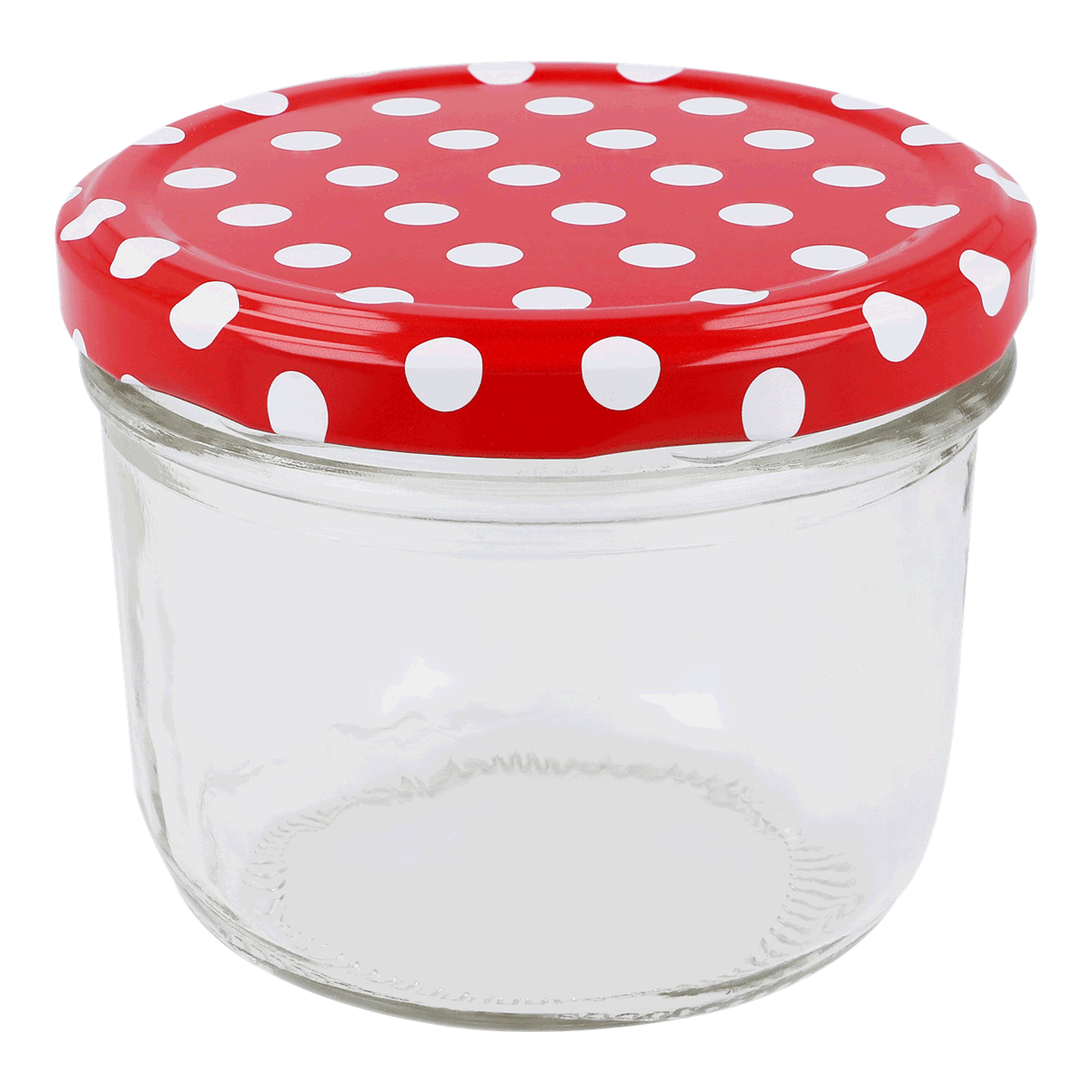 Aus Glasbehälter, Glasbehälter, Roter Deckel, Polka-Dots, Gewöhnliche Einmachglas, Glasbehälter, Glas mit Deckel, Rot mit Punkten Deckel, Einmachglas, Aufbewahrungsglas, Glas, Glasbehälter, Dosenglas, Jelly Jar, Deckel mit Punkten