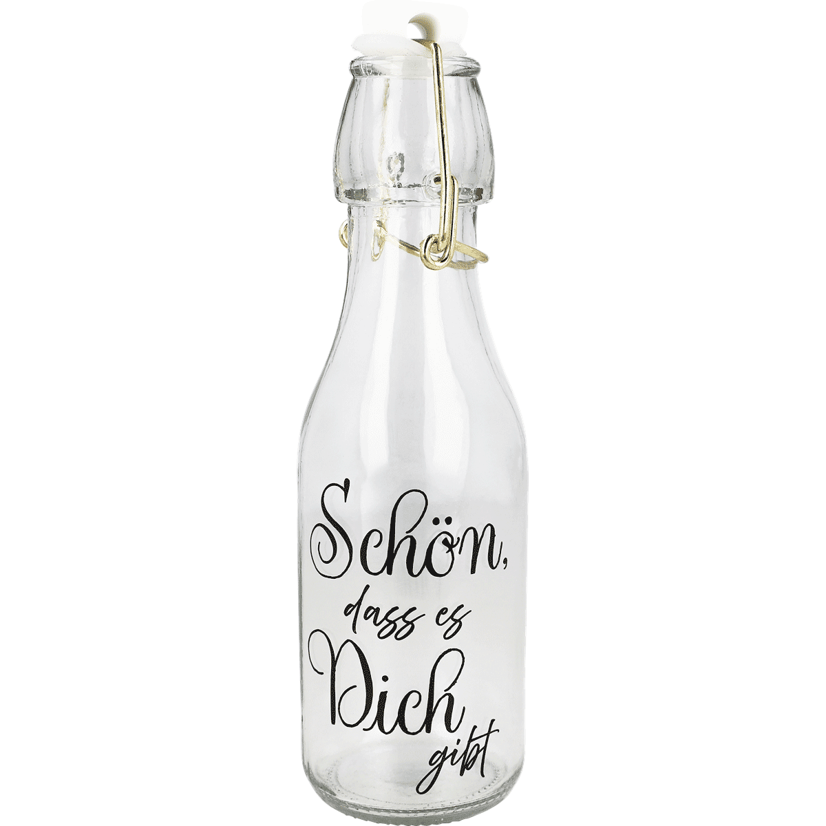 Glasflasche, Klarglas, Bügelverschluss, weißer Deckel, Schriftzug