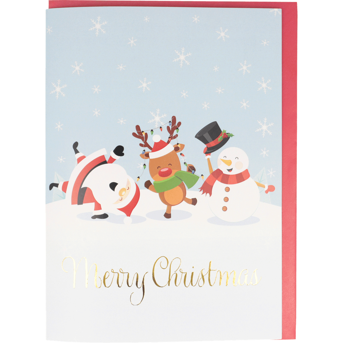 Weihnachtskarte, Schneemann, Rudolph, Elch, Schneeflocken