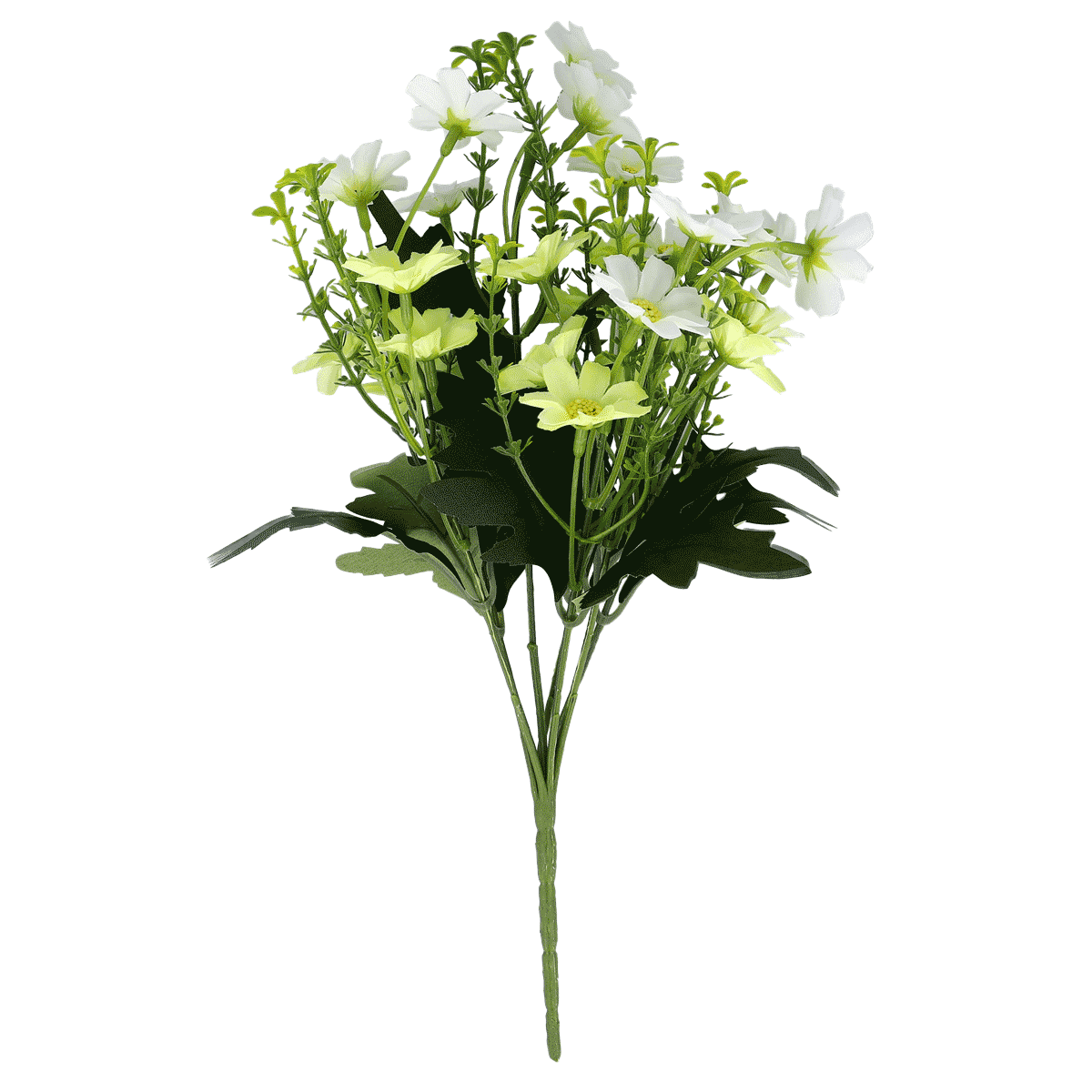 Kunstblumenstrauß, weiße Blüten, hellgelbe Blüten, grüne Blätter, Kunststoffstiele